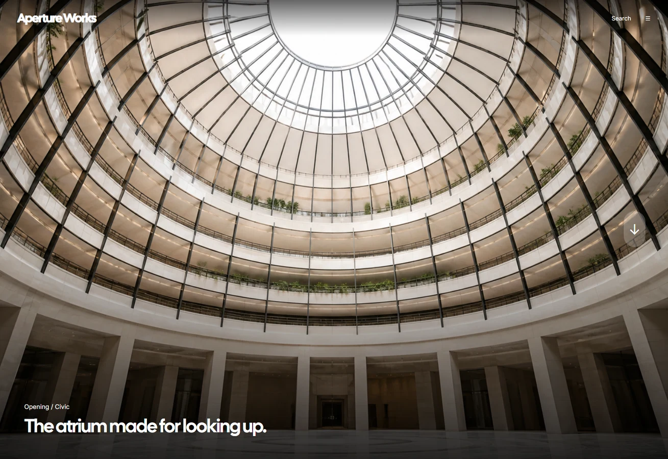 Aperture Works architecture website, complete circular atrium hero and low story