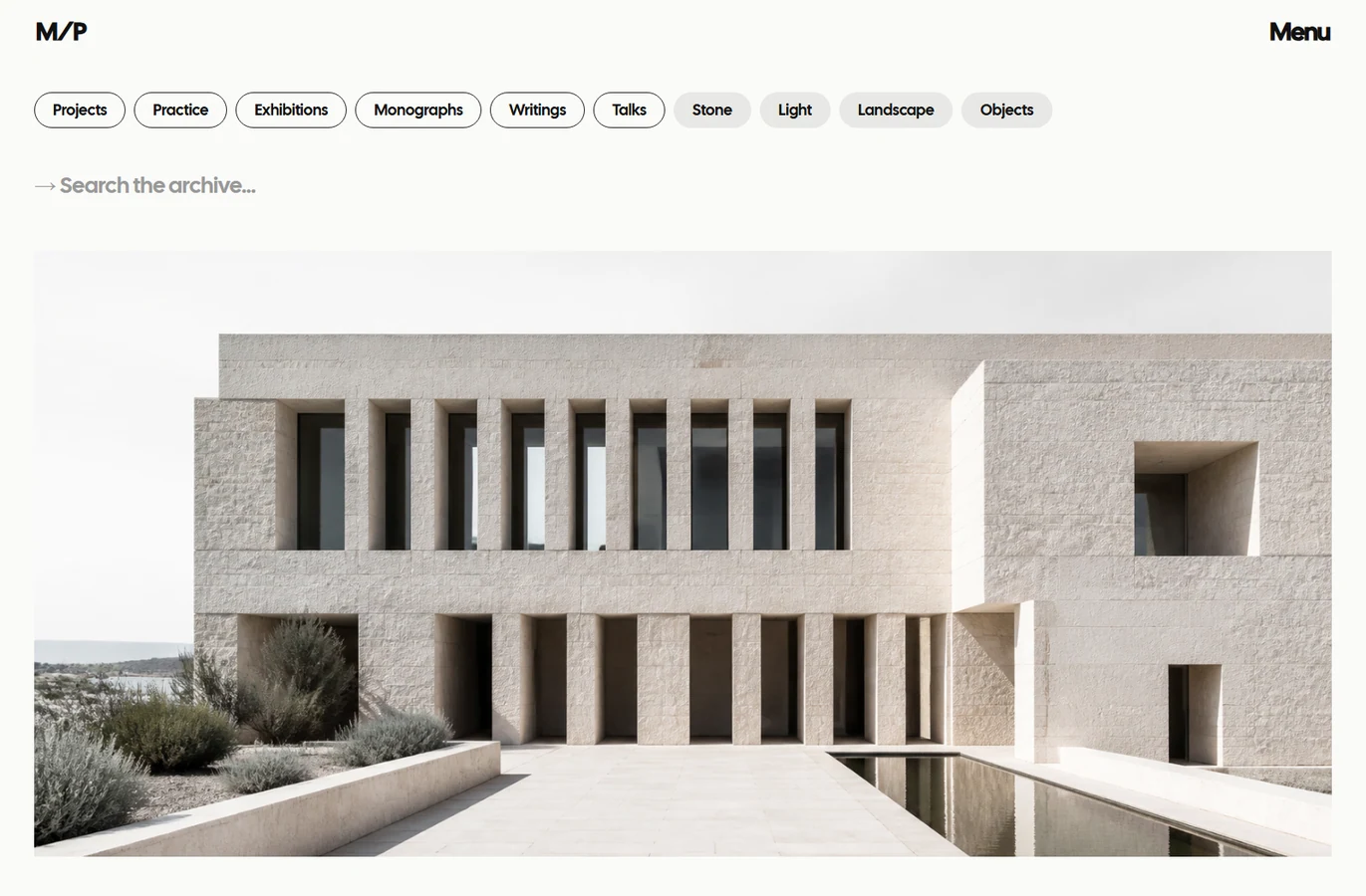 Material Practice architecture website, complete taxonomy and limestone archive