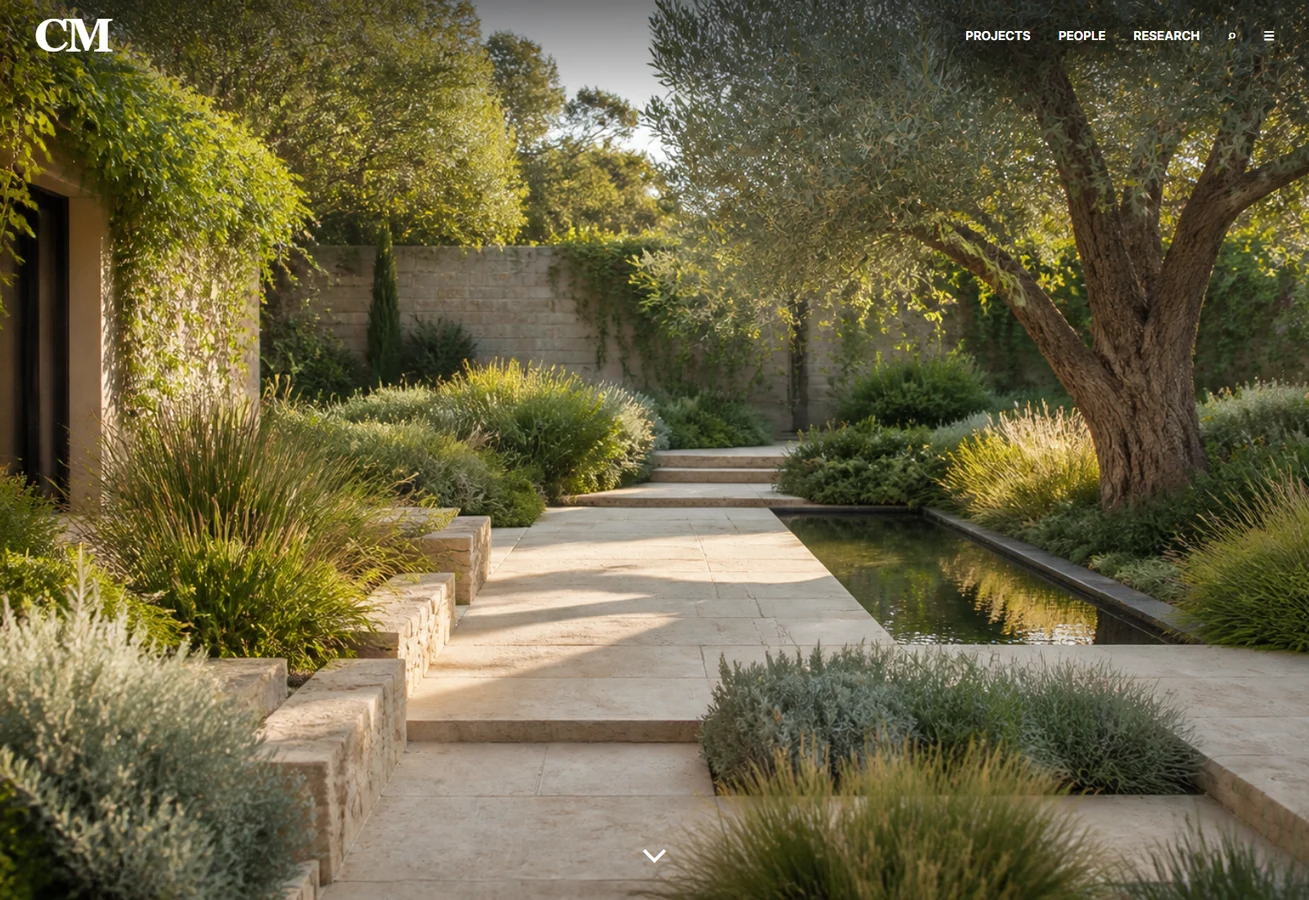 Civic Matter architecture website, serif identity over botanical courtyard