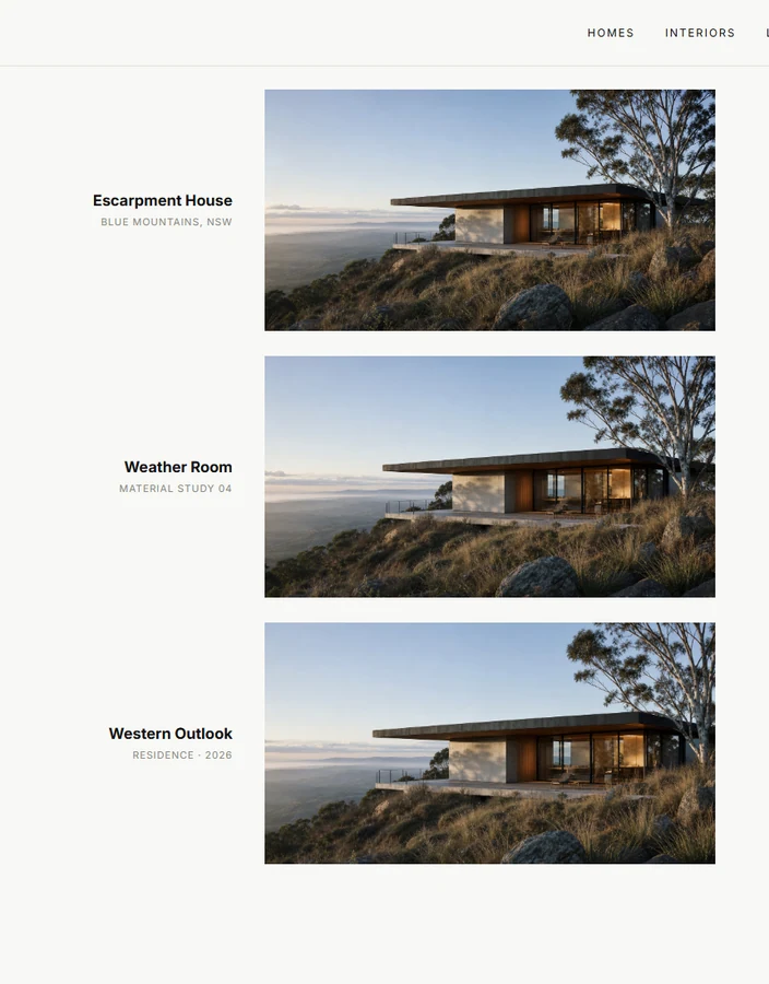 Ridge Assembly architecture website, narrow measured project index at readable scale