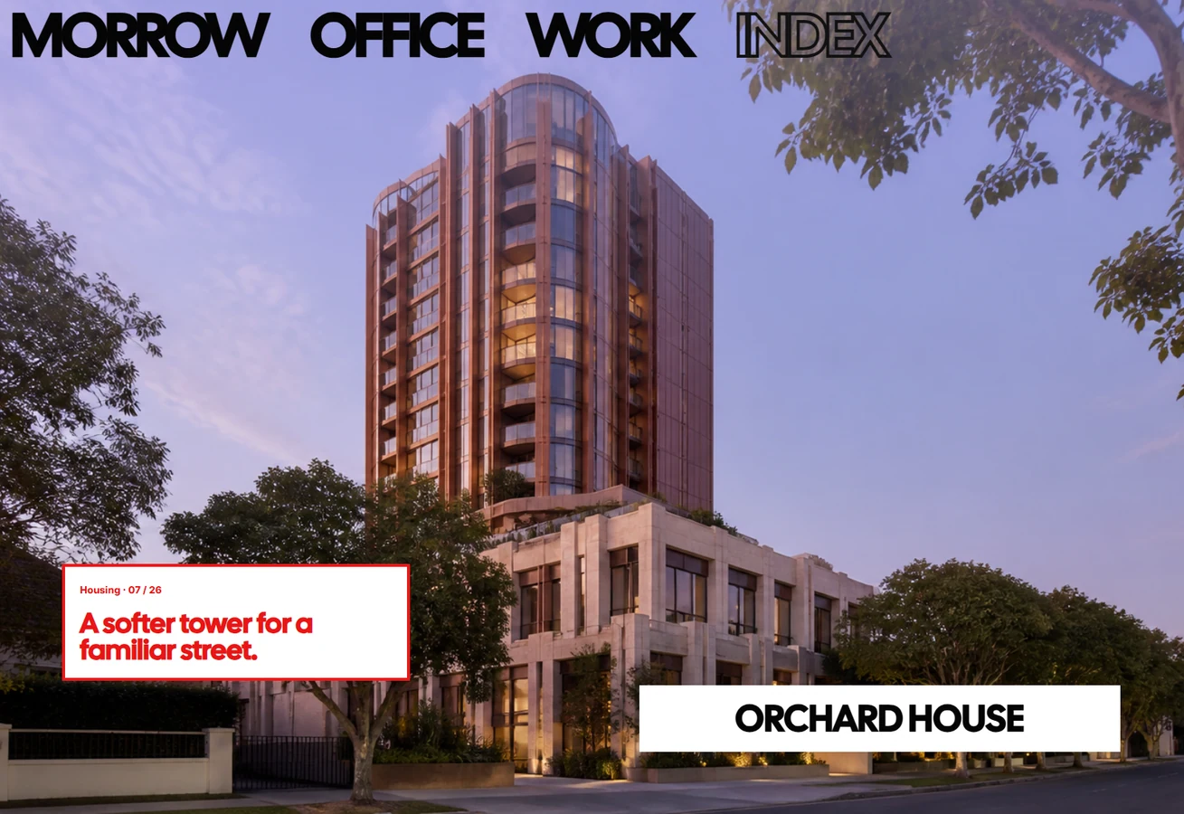 Morrow Office architecture website, complete oversized masthead and story panels