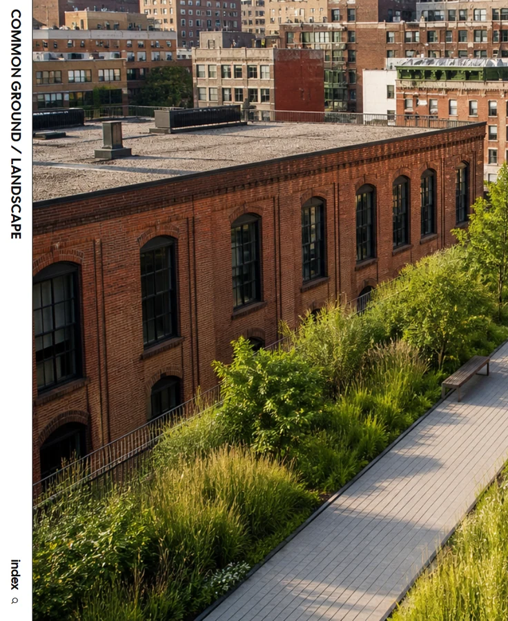 Common Ground architecture website, vertical studio rail and planted walk