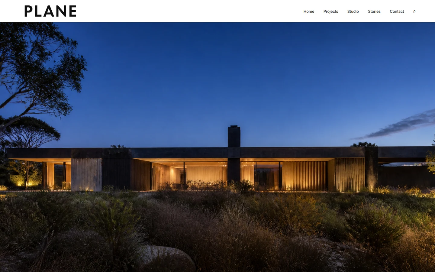 Plane Studio architecture website, white masthead and dusk residence