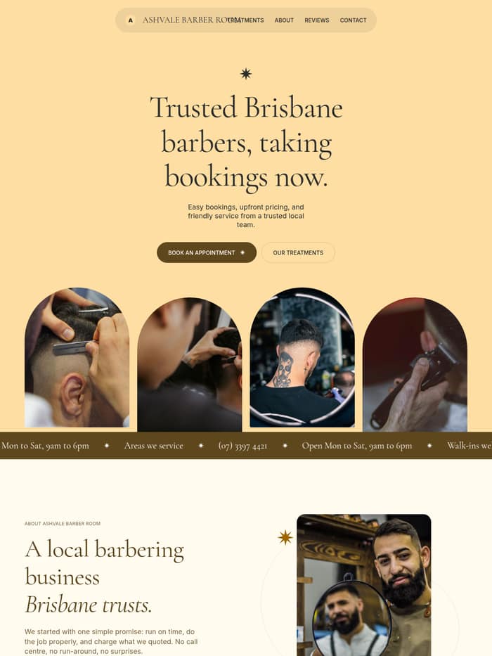 The Bloom template, shown as a barber site in butter and cocoa with a rail of arch-topped photographs.