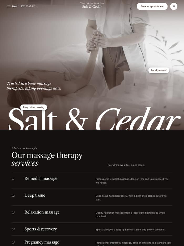 The Cinematic template, shown as a massage therapy site with a graded photograph and a numbered list of services on a near-black band.