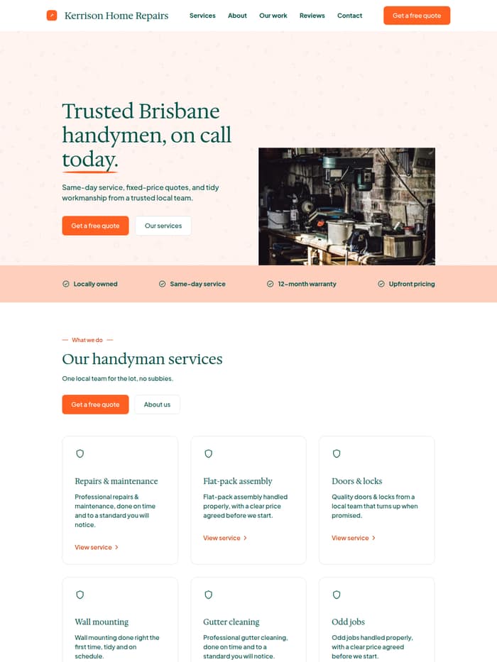 The Friendly Local template, shown as a handyman site with rounded cards, hairline rules and a warm banded opener.