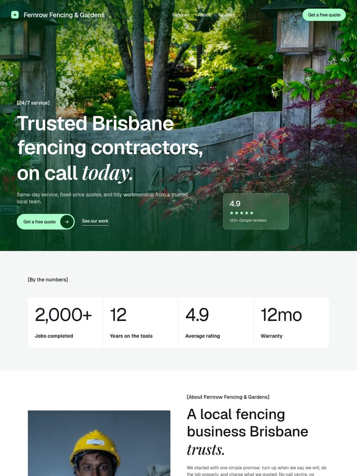 The Greenspire template, shown as a fencing and gardens site with a full-screen photograph of the work and a row of numbers beneath it.