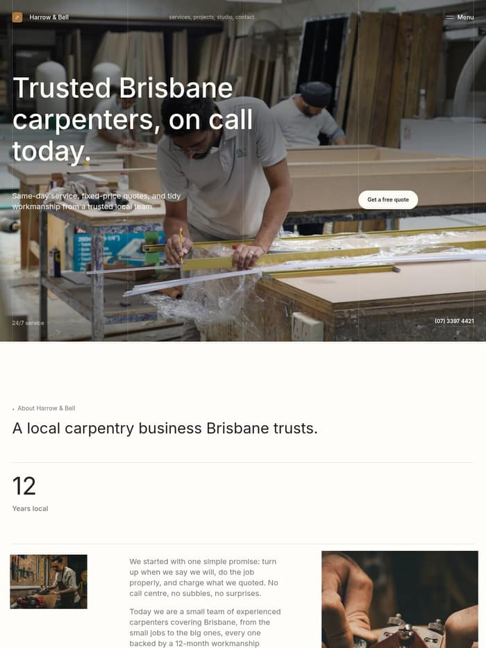 The Editorial template, shown as a carpentry site with fine drawing guides ruled over a workshop photograph.
