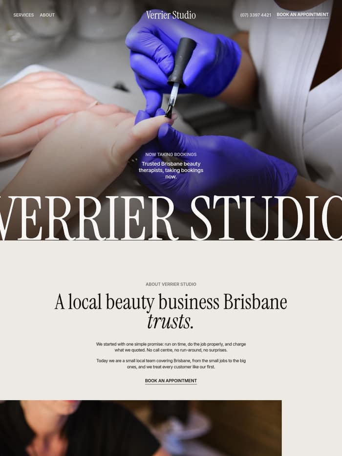 The Maison template, shown as a beauty studio site with the business name set huge across the foot of a full-screen photograph.