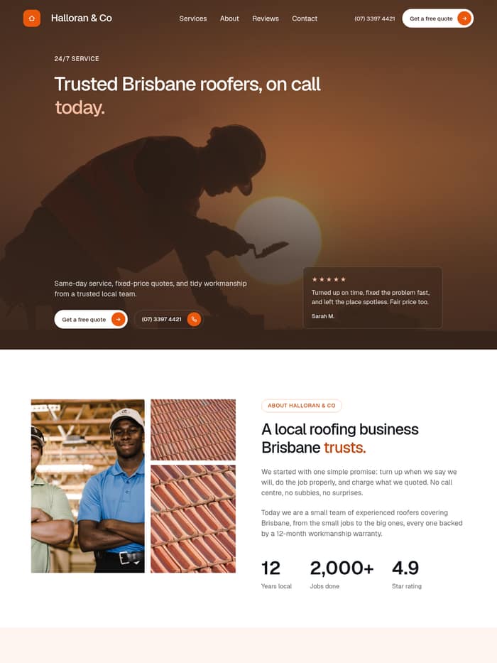 The Trade Authority template, shown as a roofing site with a customer quote sitting on a full-screen job photograph.